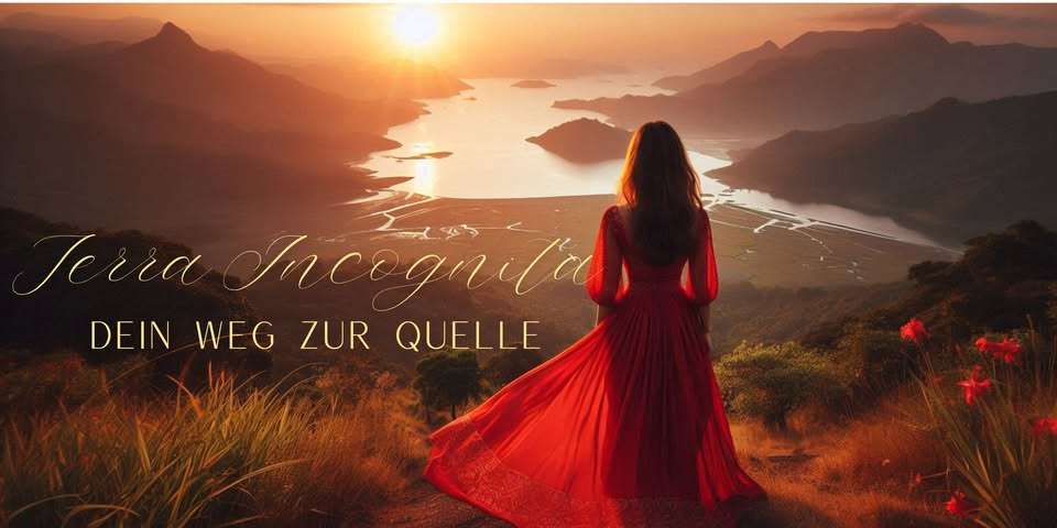 Terra Incognita – Dein Weg zur Quelle: Frau im roten Kleid blickt bei Sonnenuntergang über ein weites Tal